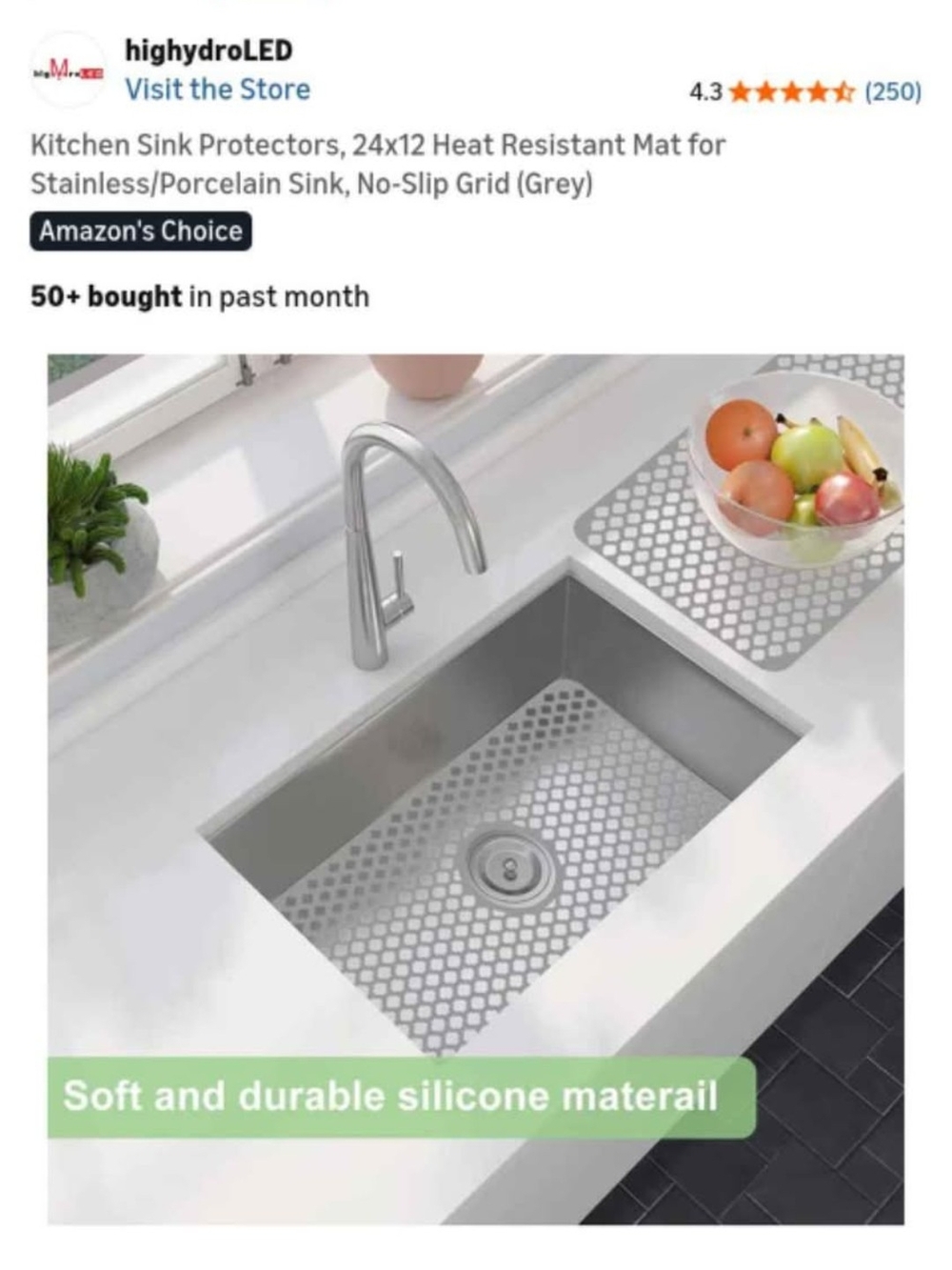 Grey Silicone Kitchen Sink Protectors - Non-Slip Hex Grid